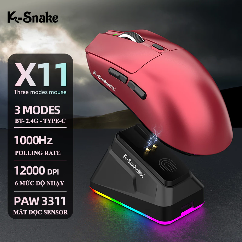 Chuột không dây chuyên game K-SNAKE X11 kết nối 3 chế độ BT - 2.4G - Type-C mắt đọc PAW3311 kèm đế sạc đèn led RGB