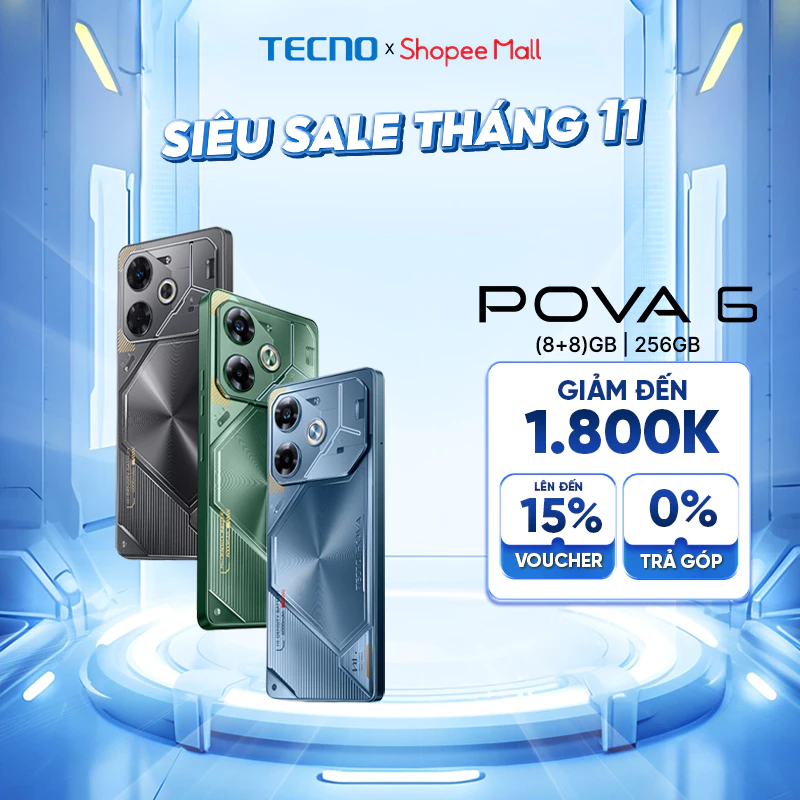 Điện Thoại Tecno Pova 6 (8+8)GB/256GB - Pin 6000mAh Sạc nhanh 70W - 6.78' AMOLED Tần số quét 120HZ