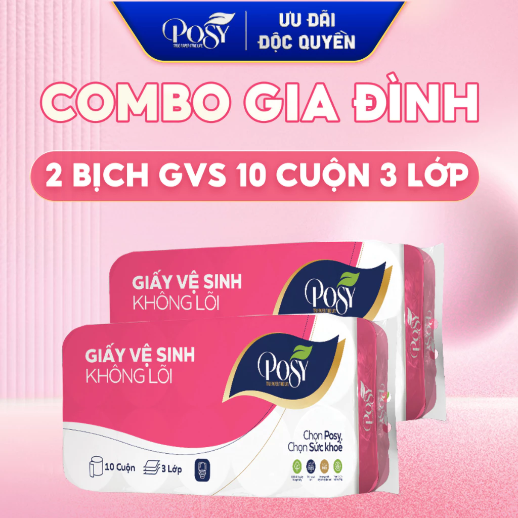 POSY - COMBO GIA ĐÌNH - 2 bịch Giấy vệ sinh Posy 10 cuộn 3 lớp không lõi - có lõi mềm mịn, dễ tan trong nước, tiết kiệm