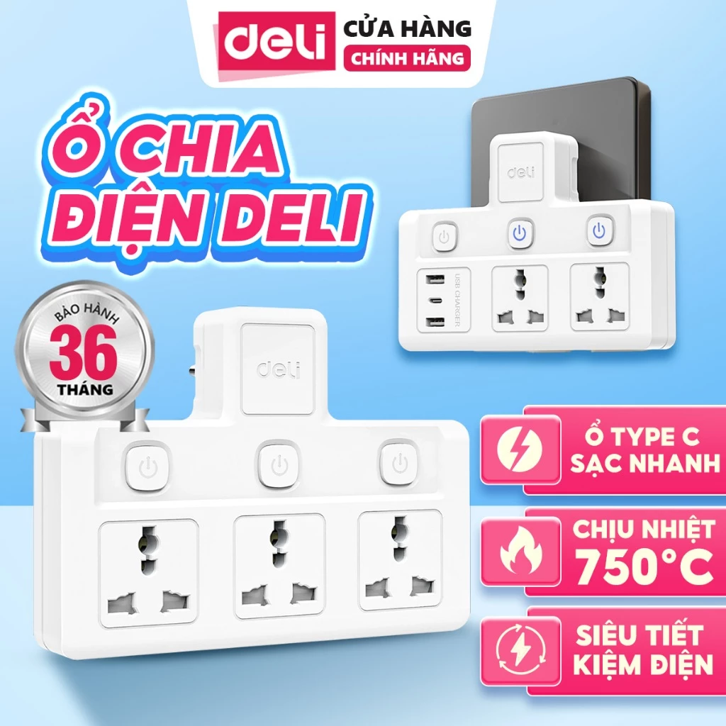 Ổ Chia Điện Đa Năng Deli Ổ Cắm Chia Điện 2500W Tích Hợp Cổng USB &TypeC Cải Tiến Sạc Nhanh Tiện Lợi
