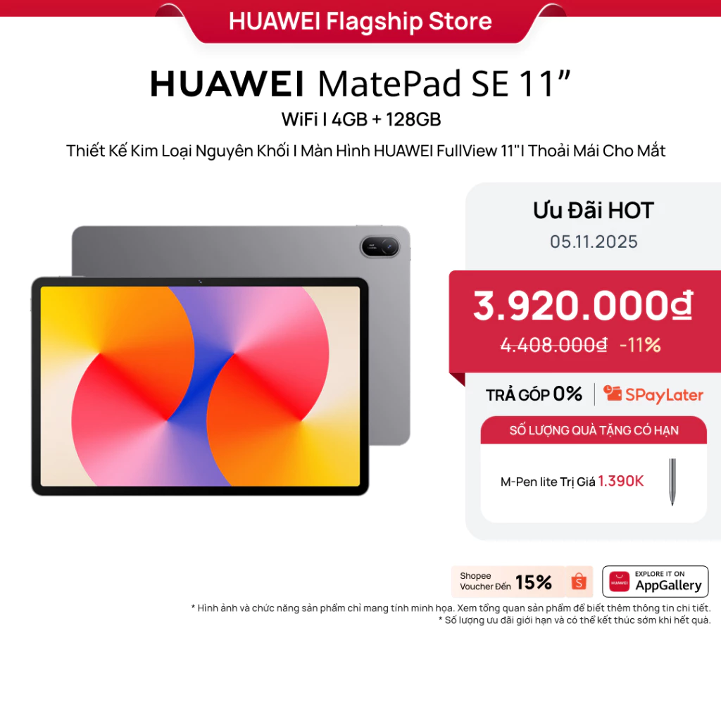 Máy tính bảng HUAWEI MatePad SE 11”| Thiết Kế Kim Loại Nguyên Khối||Màn Hình HUAWEI FullView 11\" Thoải Mái Cho Mắt