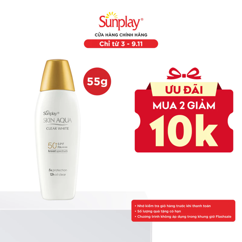 Kem chống nắng dưỡng trắng, kiểm dầu dùng mỗi ngày dạng sữa Sunplay Skin Aqua Clear White Eco Việt Nam SPF50, PA++++ 55g