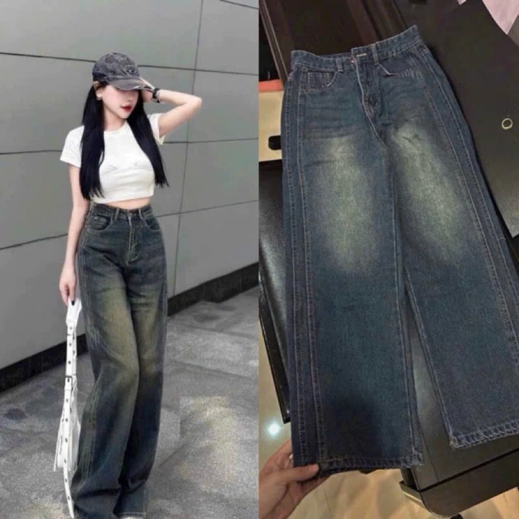Quần jeans suông viền nổi màu xanh wash bụi phong cách HQ siêu xinkk