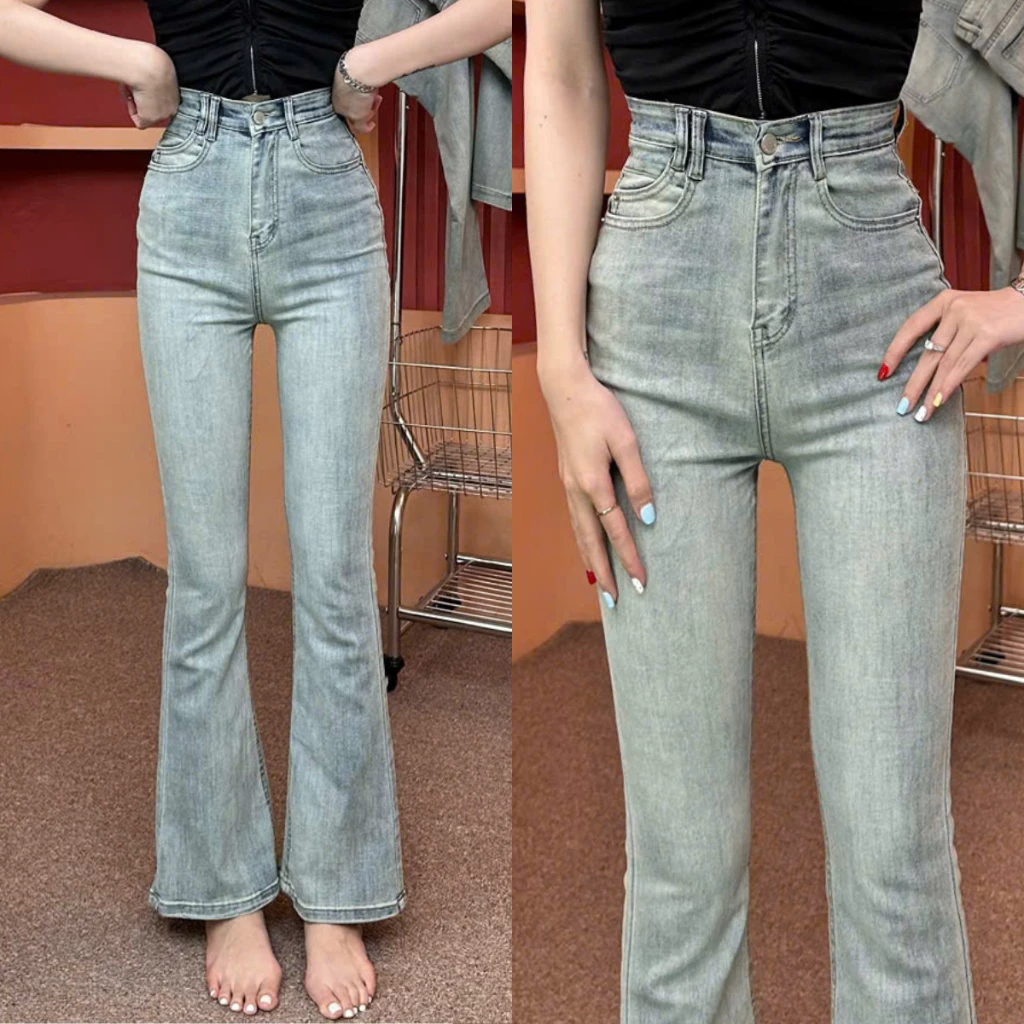 Quần Jean Nữ Ống Loe Có Fom Ngắn 95Cm Và Dài 105Cm Túi Thiết Kế Màu Phủ Bụi Vải Co Giản Mềm Mát Q419
