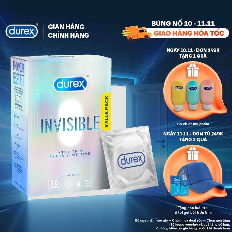 Bao Cao Su Durex Invisible Siêu Mỏng, Size 52 mm, Hộp 16 Bao Mới Ra Mắt - Hộp Lớn Siêu Tiết Kiệm
