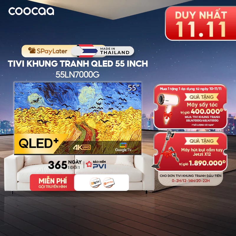 [Miễn phí lắp đặt HN-HCM] Smart tivi 55 inch Qled 4K tivi Khung Tranh Google Frame tivi coocaa - 55LN7000G Google tivi