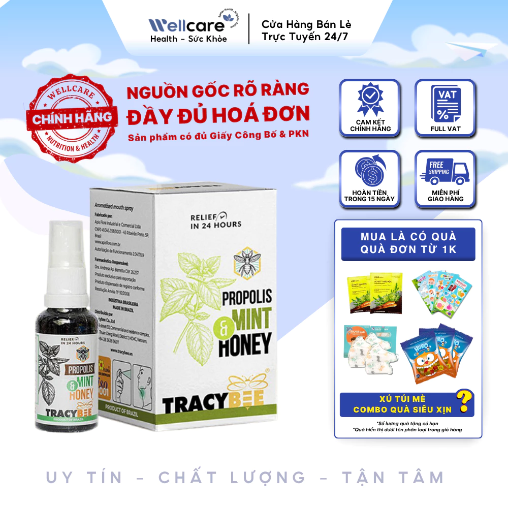 [✨CHÍNH HÃNG] Xịt Họng Keo Ong Bạc Hà TRACYBEE PROPOLIS MINT HONEY chai 30ml - Giảm Đau Họng, Ho Cho Trẻ Em