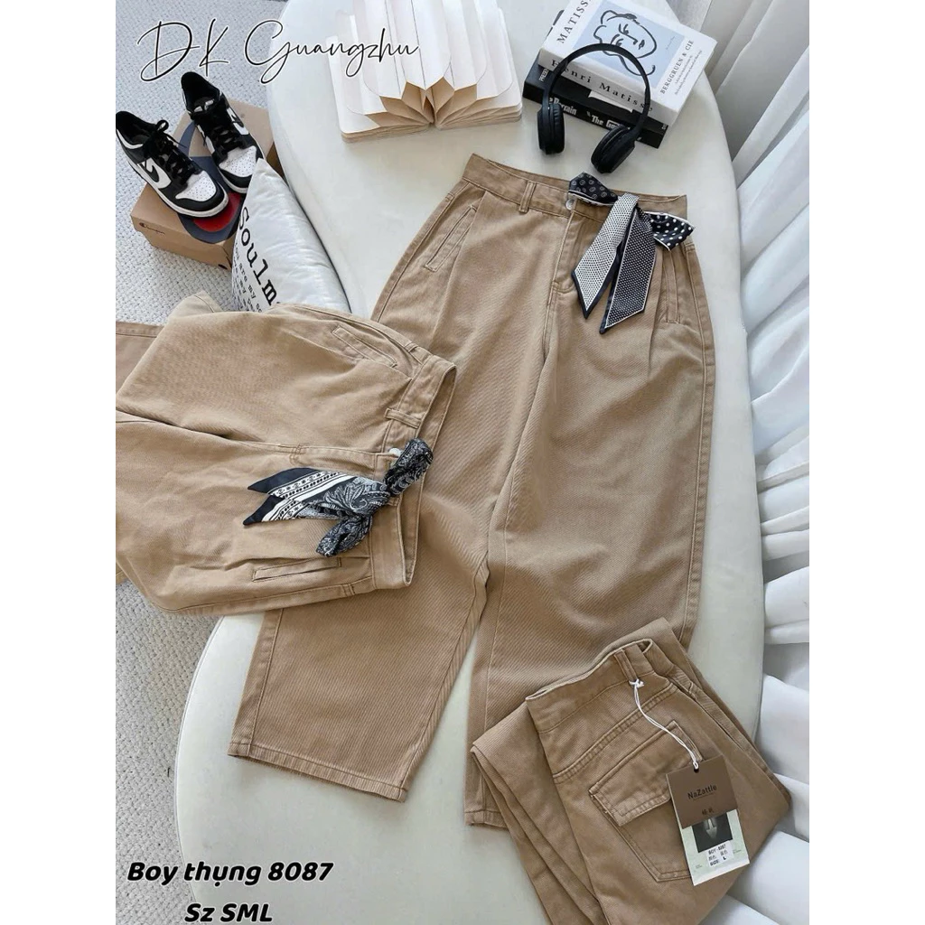 Quần Jean Baggy Kèm Khăn Ống Bom Màu Kaki 8087 (Hình Thật) Quần Bò Cá Tính