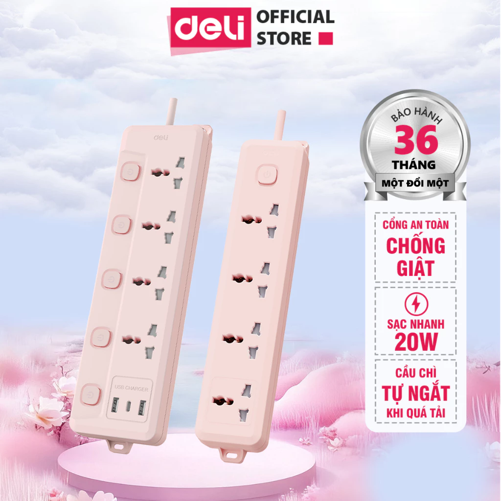 Ổ Cắm Điện Màu Hồng DELI Đa Năng Chịu Tải 2500W Có Cổng USB, Chốt Bấm Chống Giật An Toàn Văn Phòng