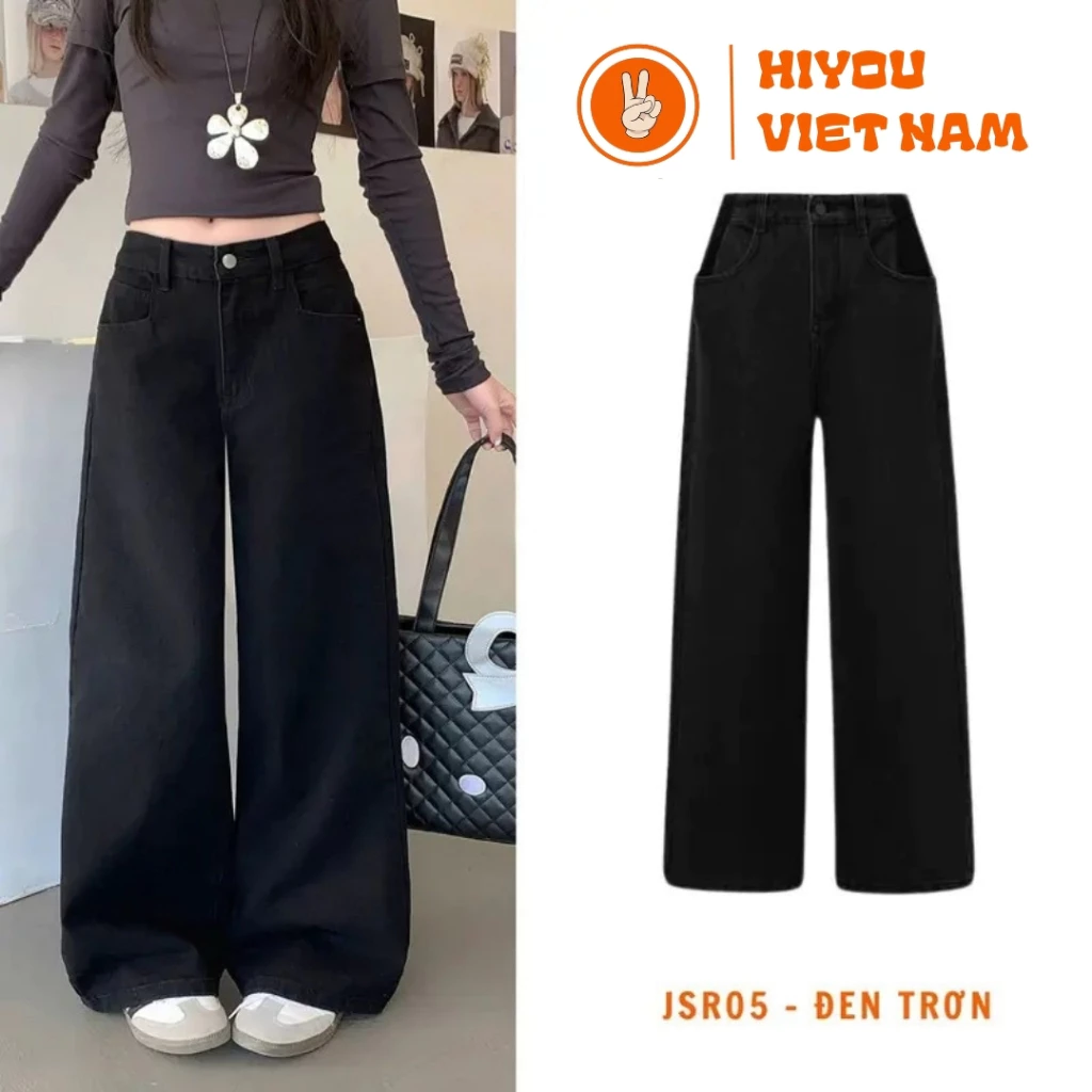 Quần Jean Nữ Ống Suông Rộng JSR05 Đen Trơn Phong Cách Cá Tính Style Hàn Quốc