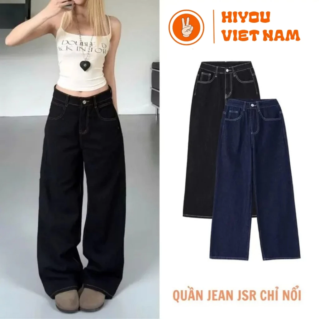 Quần Jeans Nữ Ống Rộng Xanh Navy Đậm, Đen Chỉ Trắng Hiyou Cạp Cao Tôn Dáng, Viền Chỉ Nổi Cá Tính
