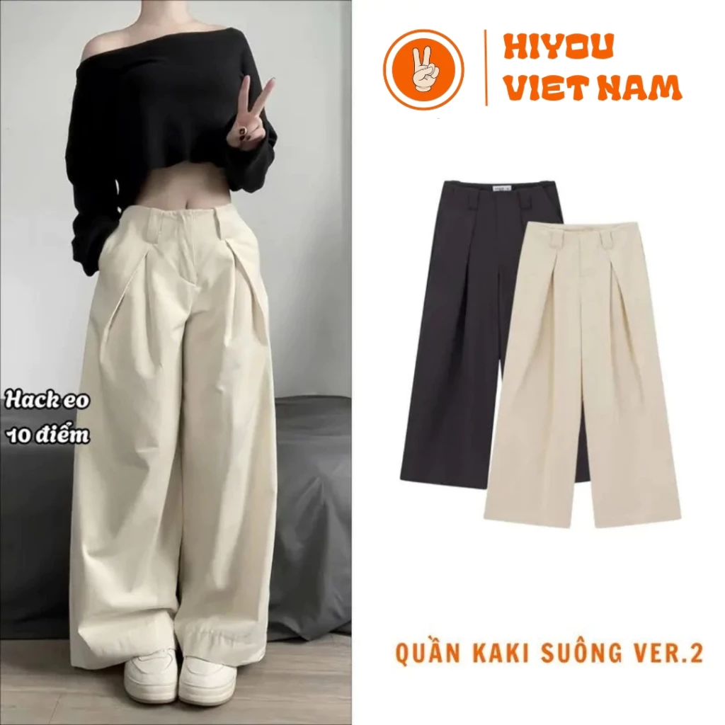 Quần Kaki Nữ Ống Suông, Quần Kaki Nữ Ống Rộng HiYou, Quần Thô Xuông Nữ Kaki Cạp Trễ KKGM
