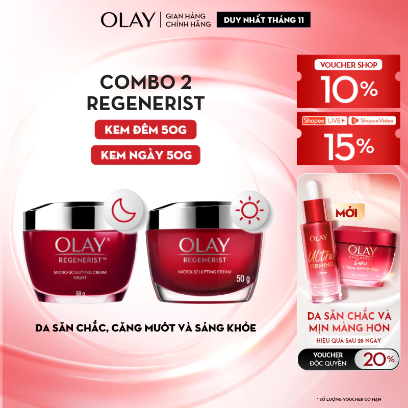 Bộ Kem Dưỡng Ẩm OLAY REGENERIST Ngày & Đêm Căng Mướt, Sáng Khỏe & Phục Hồi Dấu Hiệu Lão Hóa 50GX2