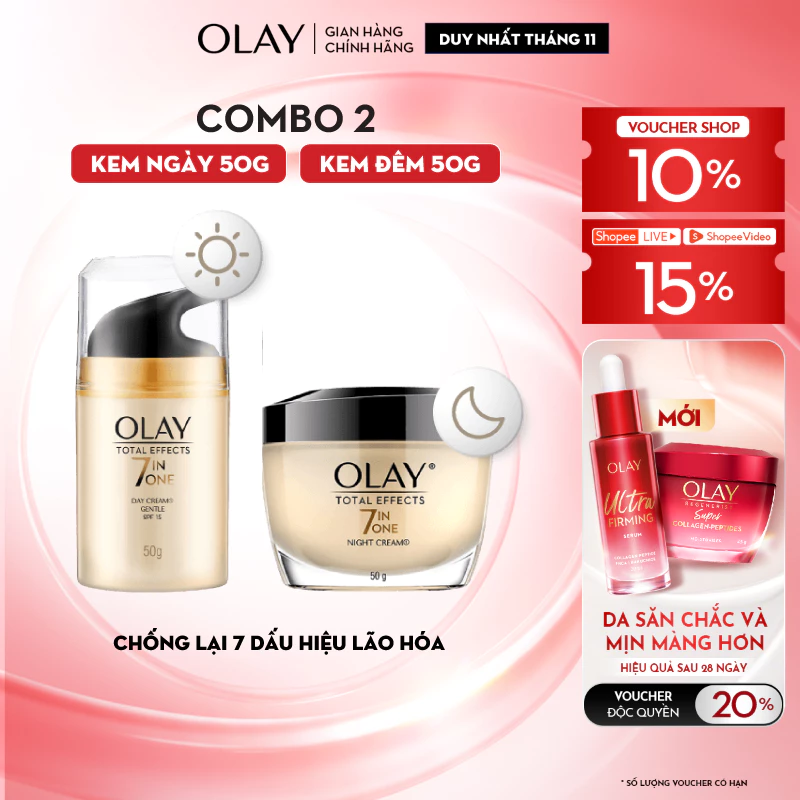 Bộ Kem Dưỡng OLAY TOTAL EFFECTS Ngày & Đêm Phục Hồi & Ngăn 7 Dấu Hiệu Lão Hóa 50G X2