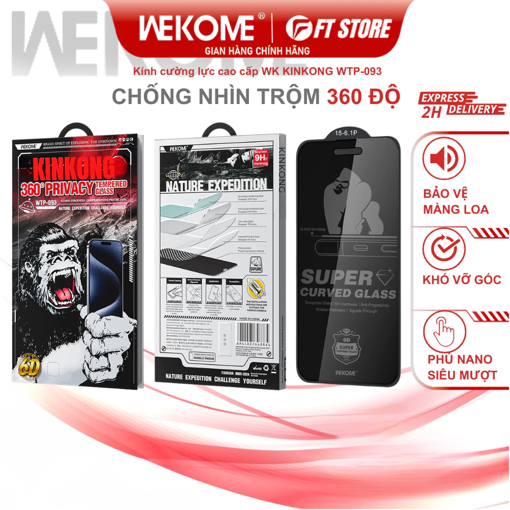 Kính cường lực WK KINKONG WTP-093 chống nhìn trộm 360 độ cải tiến, bền hơn, chống vân tay chống vỡ