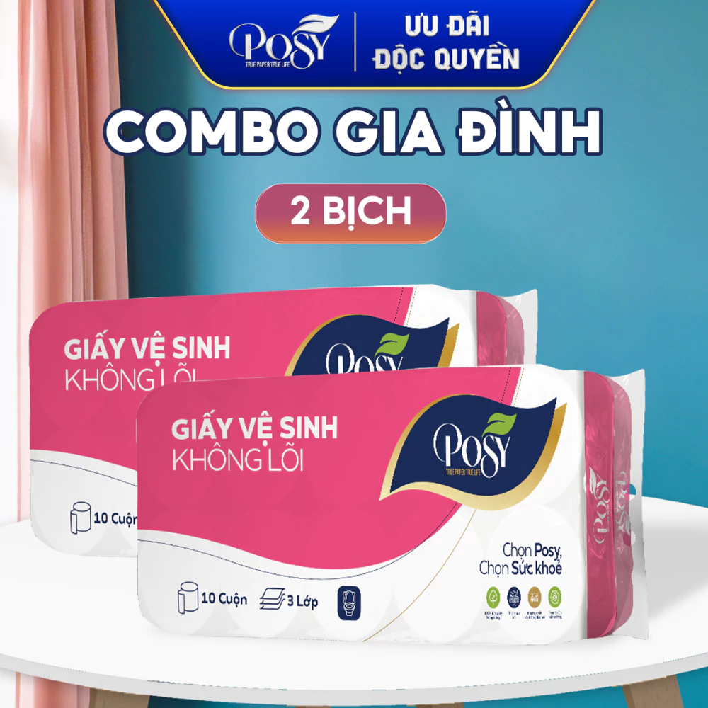 POSY - COMBO GIA ĐÌNH - SET 2 BỊCH GVS 10 cuộn 3 lớp Posy (1.6kg/bịch) mềm mịn, thoáng nhẹ, tiết kiệm cho mọi gia đình