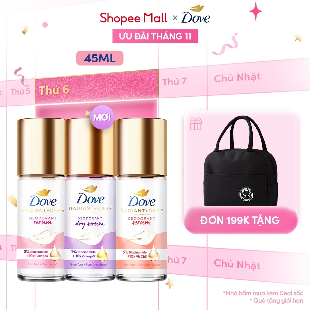 Lăn ngăn mùi dưỡng sáng cao cấp Dove tinh chất serum dành cho nữ với 3% Niacinamide 45ml