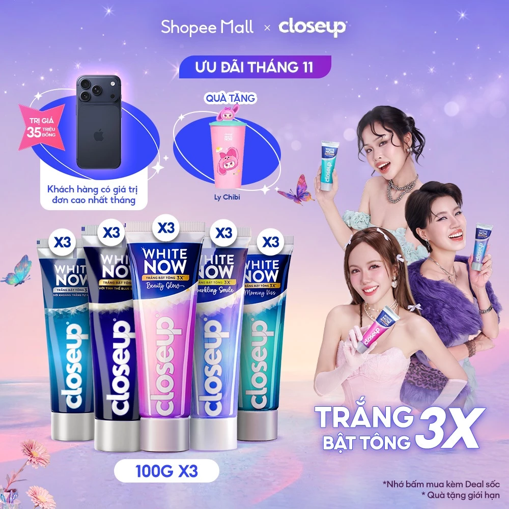 Combo 3 Kem đánh răng Closeup White Now - Trắng Bật Tông 3X TỨC THÌ với Công nghệ Ánh Sáng Xanh 100g