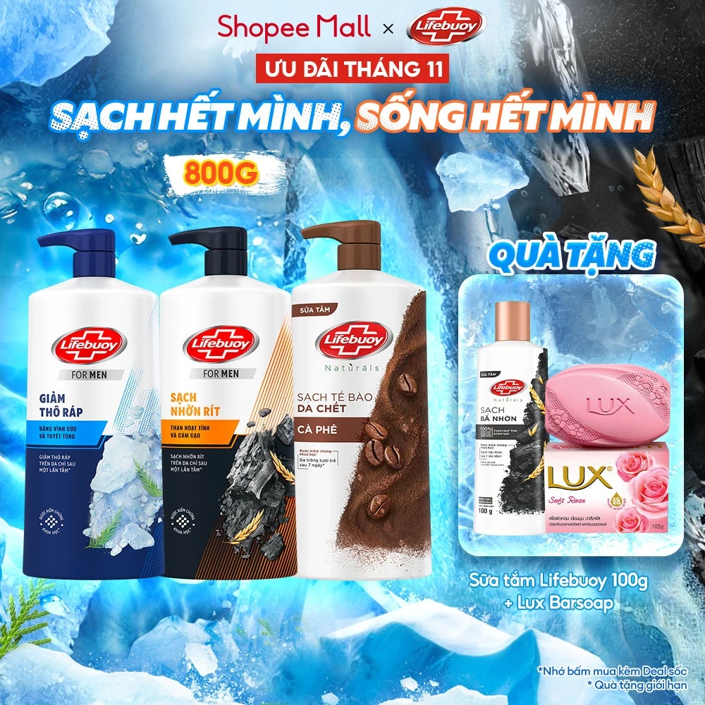 Sữa Tắm Lifebuoy 800gr Detox Và Sạch Sâu Khỏi Bụi Mịn Pm2.5 Detox 100% Từ Thiên Nhiên Diệt Khuẩn