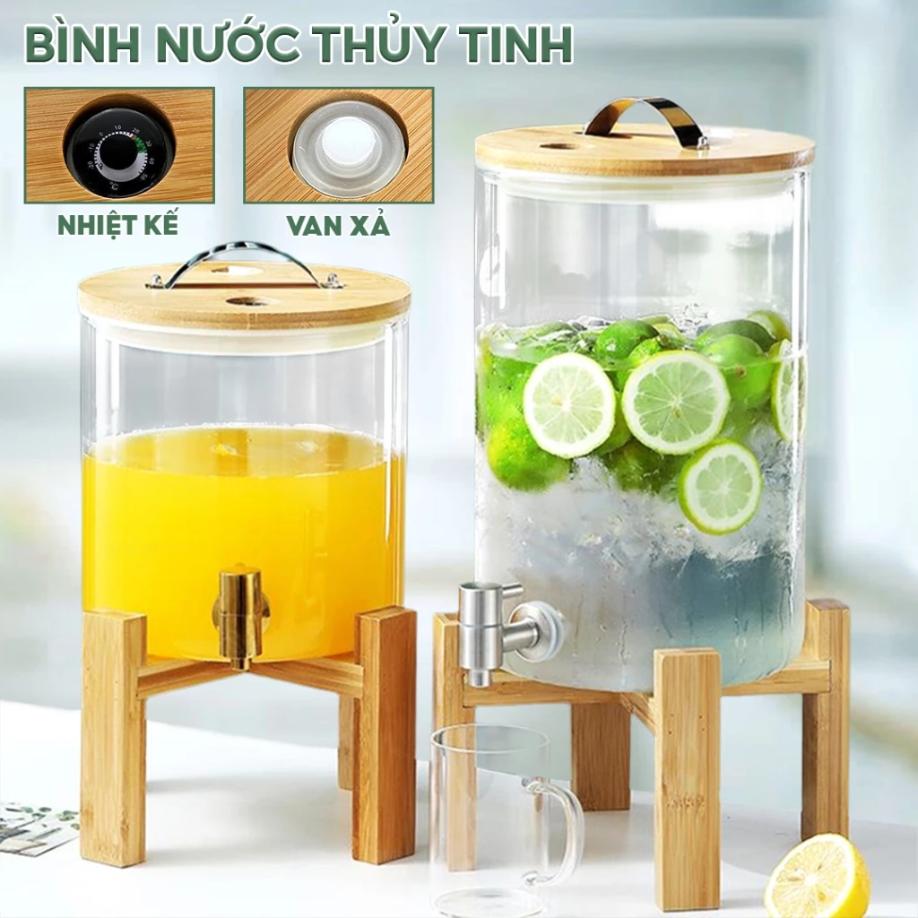 |TẶNG KỆ GỖ| Bình Nước Thủy Tinh Chịu Nhiệt Venko VK-BT5L/VK-BT8L/VK-BT11L - Dung Tích 5L,8L,11L, Vòi Inox 304, Nắp Tre