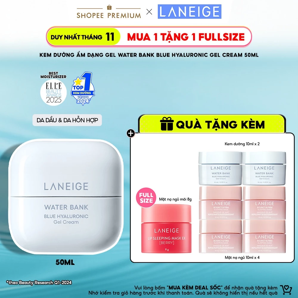 Kem Dưỡng Ẩm Phục Hồi & Cân Bằng Dầu Ẩm Laneige Water Bank Blue Hyaluronic Gel Cream 50ml (Da Dầu)
