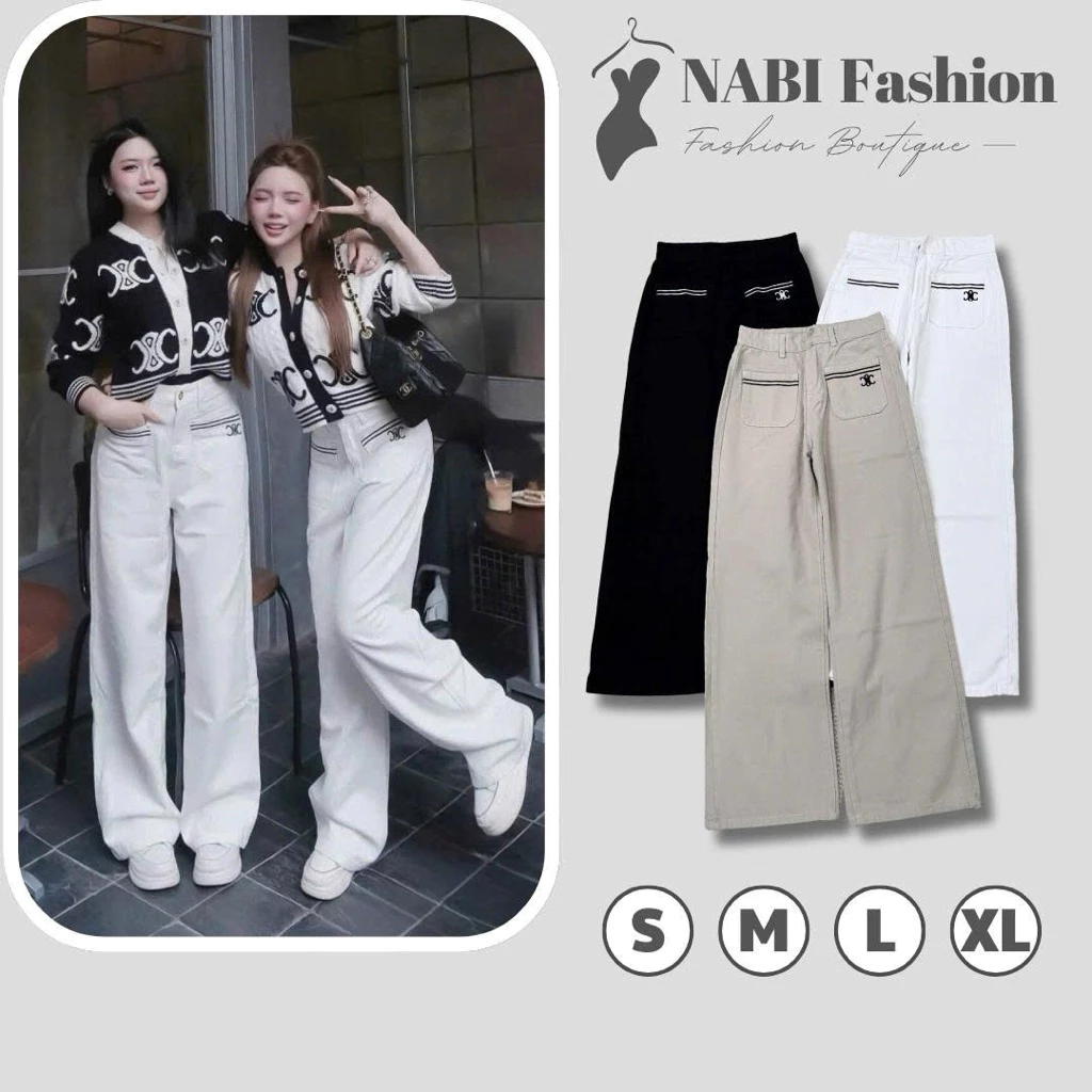 Quần Jean Ống Suông Nữ Basic Đủ 3 Màu Đen Trắng Be Viền Túi , Quần Jean Ống Rộng NABI Fashion Lên From Ôm Eo Tôn Dáng