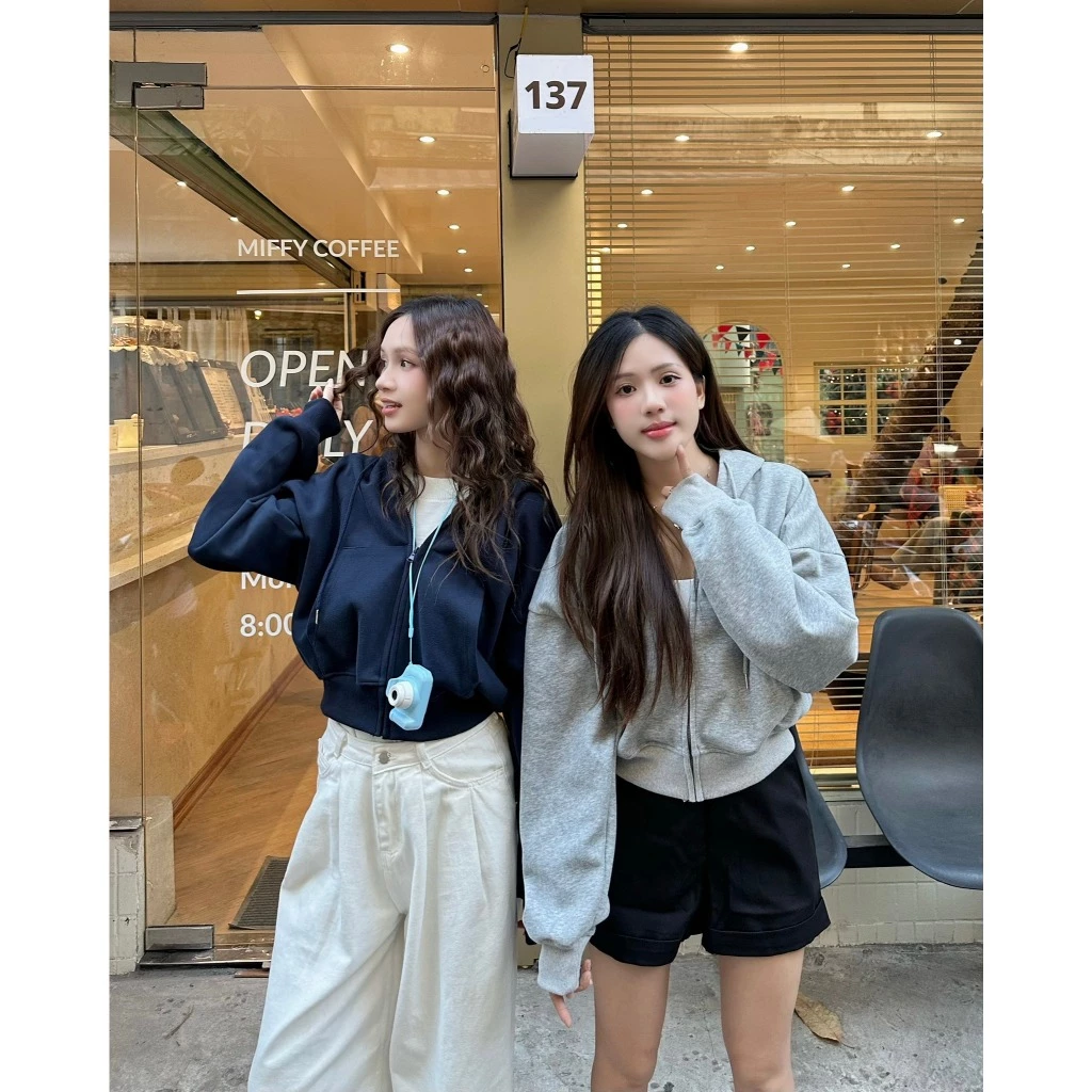 Áo khoác nỉ croptop mũ siêu to, Áo hoodie zip dày dặn dáng rộng siêu xinh Miho Studio