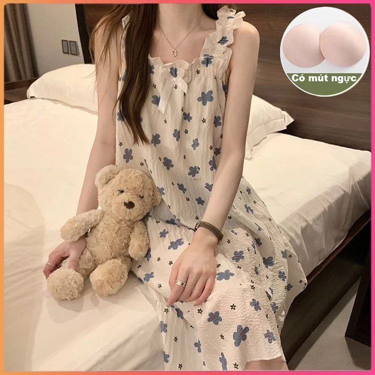 Váy ngủ cotton đũi xốp êm nhẹ và thoáng mát dễ thương có mút ngực êm ái