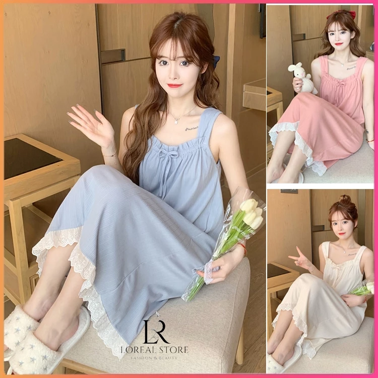 Váy ngủ hai dây đầm ngủ mặc nhà dễ thương chất thun cotton mềm mát phong cách hàn quốc