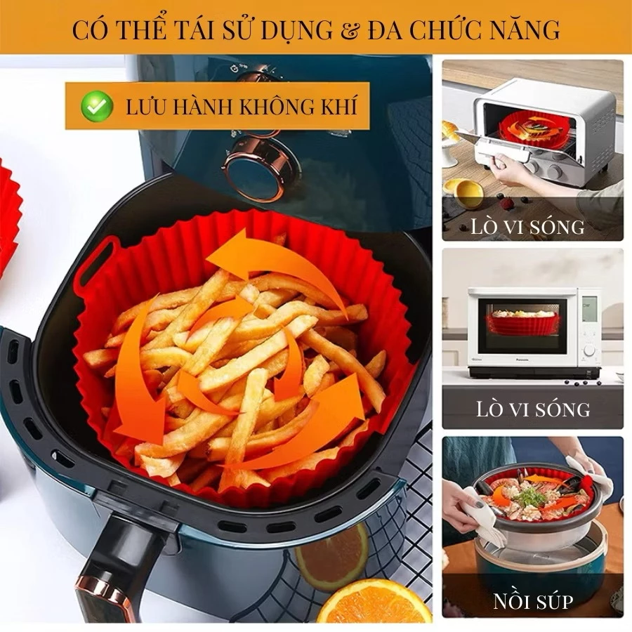 1 miếng lót silicon nồi chiên không khí có thể tái sử dụng - Phù hợp với nồi chiên 3 đến 5 Qt - Thay thế không thấm nước