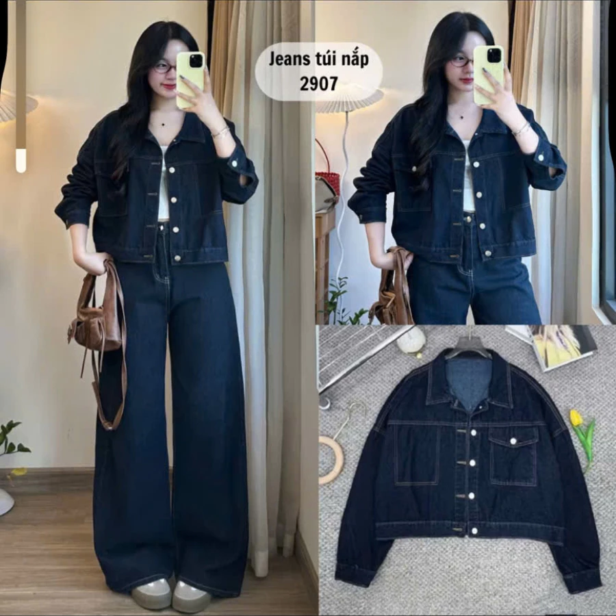 Aó khoác bò nữ màu xanh than chất vải mềm mại dáng lửng áo khoác nữ croptop freesize phong cách hàn quốc