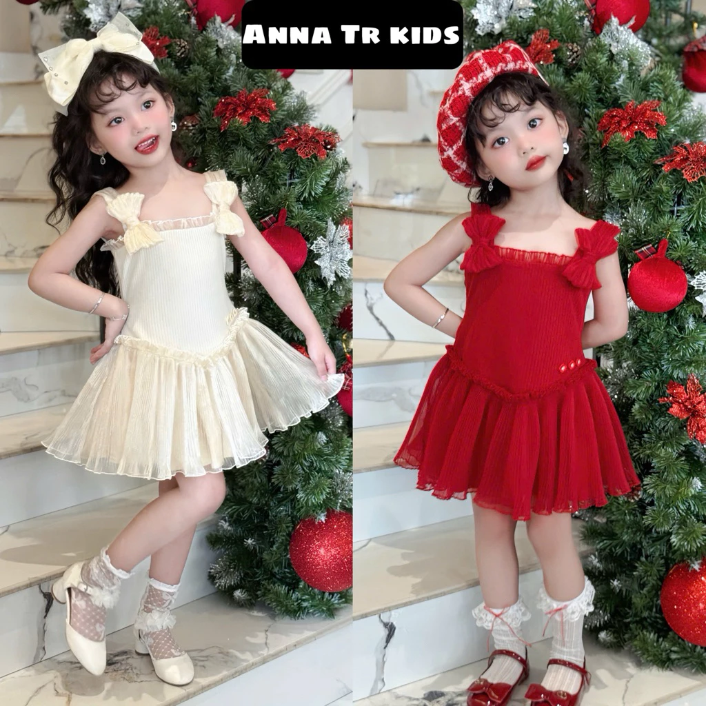 ( Ảnh Thật ) 44006 Váy Đầm Thiết Kế ren tùng xoè Noel Giáng Sinh / Tết màu Đỏ, Kem dáng ngắn Bé Gái