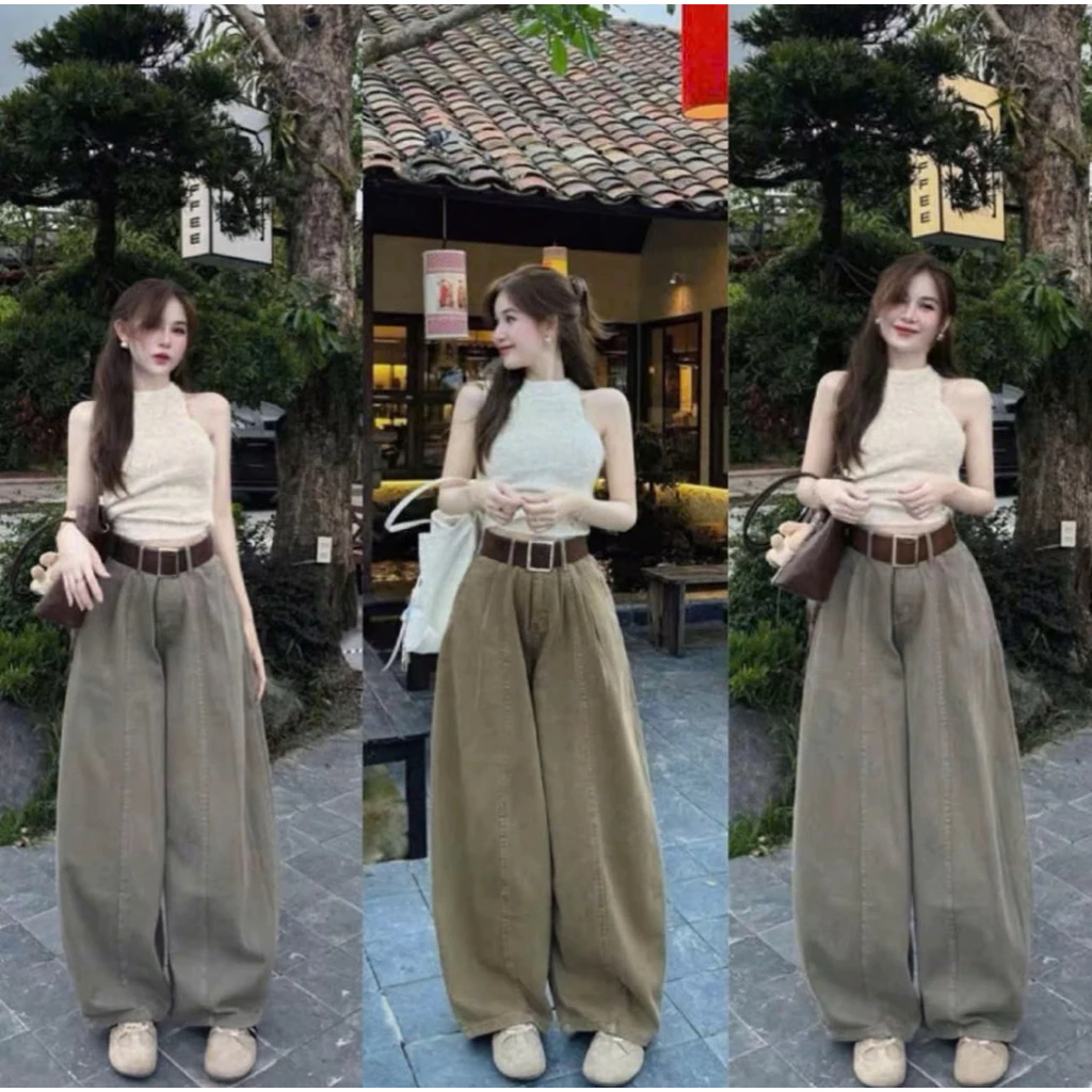 [Tặng Kèm Đai Ngẫu Nhiên] Quần ống rộng nữ cạp cao form suông 2 màu - Chất vải dày dặn, dễ phối đồ, phong cách Hàn Quốc