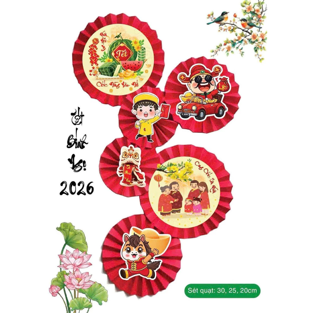 Set quạt giấy đỏ trang trí Tết 2026