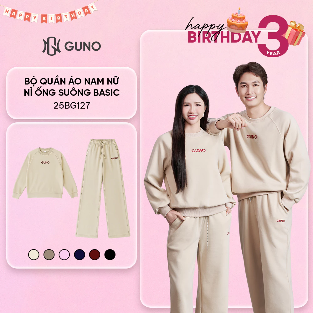 Bộ Quần Áo Nỉ Nam Nữ GUNO Cổ Tròn Logo Thêu Kèm Quần Suông Set Bộ Thu Đông Cao Cấp SP5 25BG127/BB181