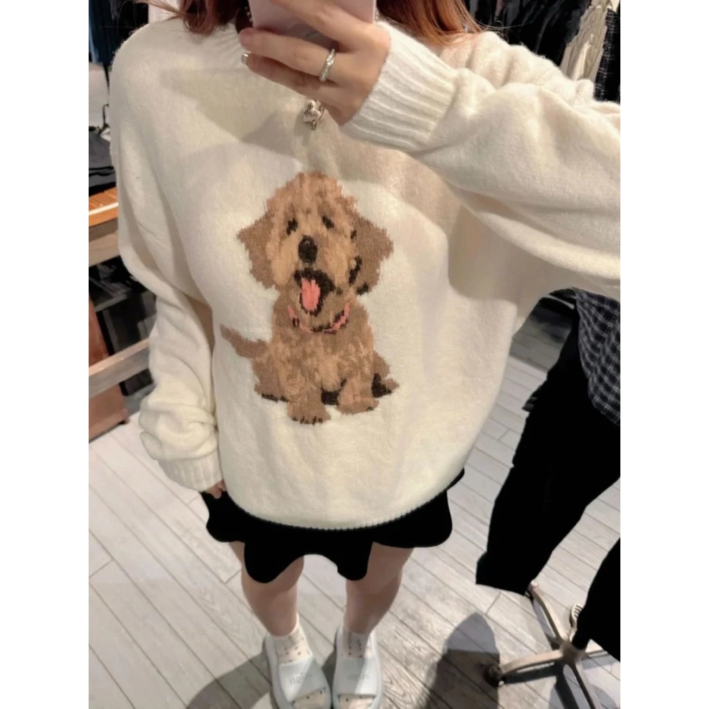 𝐂𝐡𝐚𝐫𝐥𝐨𝐭𝐭𝐞.𝐨𝐝_ [KÈM ẢNH THẬT] Áo Sweater Len Hình Chú Chó Dáng Vừa Màu Kem Cho Nữ