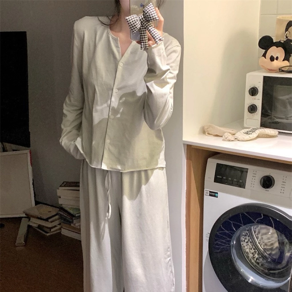 [SẴN] 890_ Bộ đồ mặc nhà, pyjama nữ dài tay chất cotton thun mềm kẻ xanh  | 9scat | Hàng QCCC