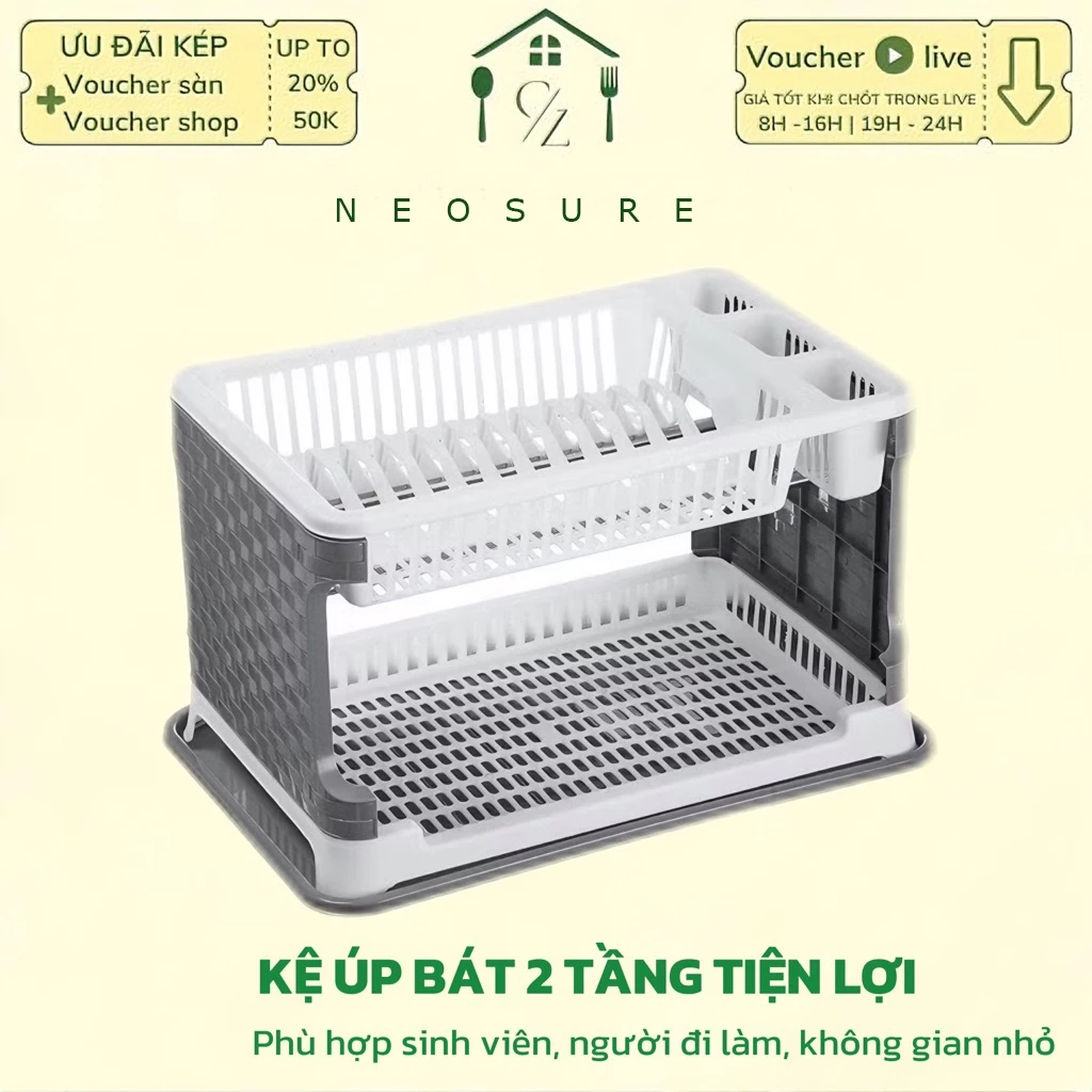 Kệ úp bát, giá để bát 2 tầng có ống đựng đũa kèm khay hứng nước bằng nhựa 8182 ( loại 1 )