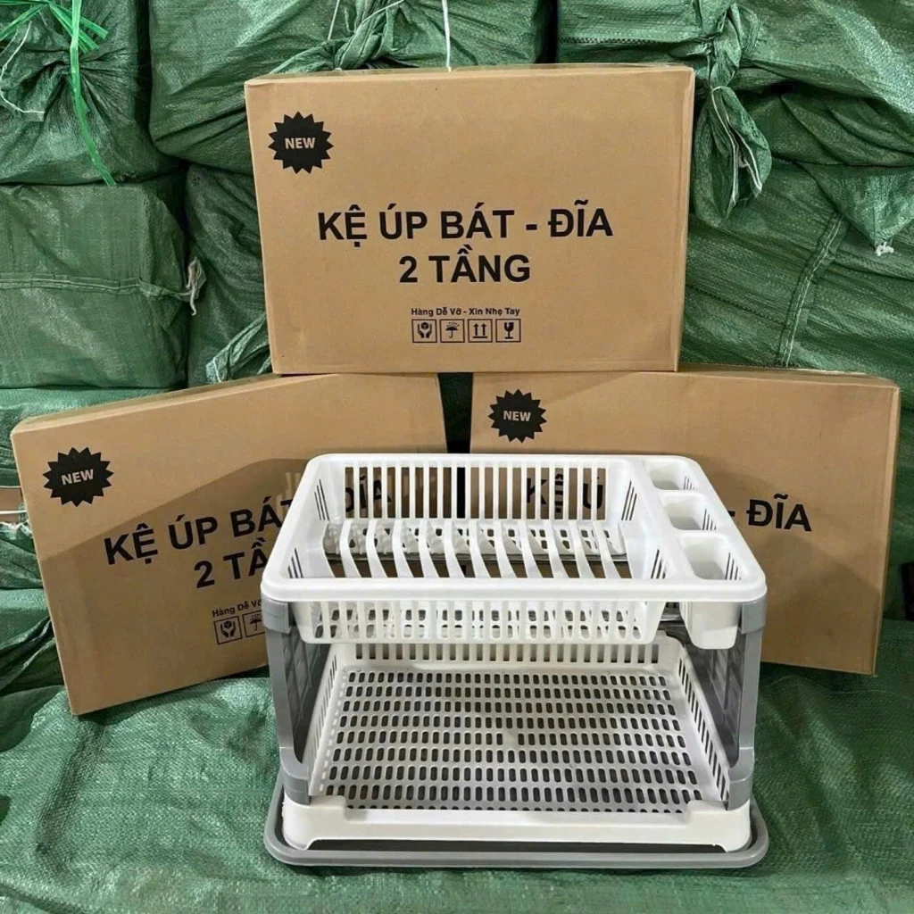 Kệ úp bát, giá để bát 2 tầng có ống đựng đũa kèm khay hứng nước bằng nhựa Việt nhật cao cấp 8182 ( loại 1 )