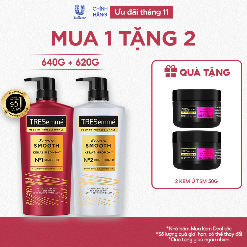 [Diện mạo mới] Combo Dầu Gội, Dầu Xả TRESemmé Keratin Smooth Keratinbond+ Cho Tóc Khô Xơ Rối Vào Nếp Suôn Mượt 640g,620g