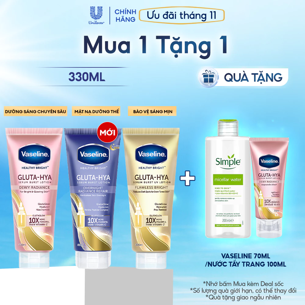 Serum Vaseline Gluta-Hya Dưỡng Da Sáng Mịn Sau 7 Ngày 300ML/330 ML (tùy đợt nhập hàng)