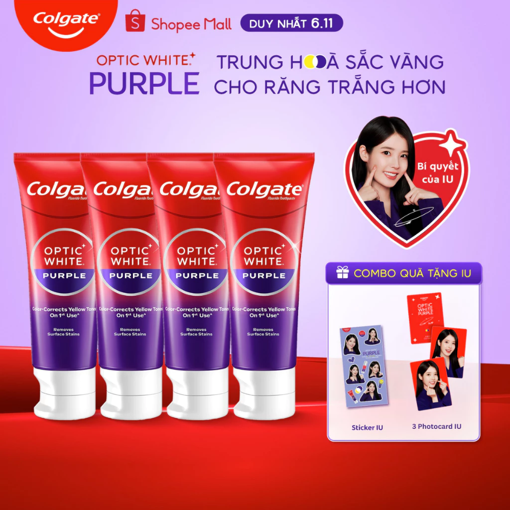 Bộ 4 Kem Đánh Răng Colgate trắng răng Optic White Purple 100g công nghệ sắc tím, trung hòa ố vàng tức thì