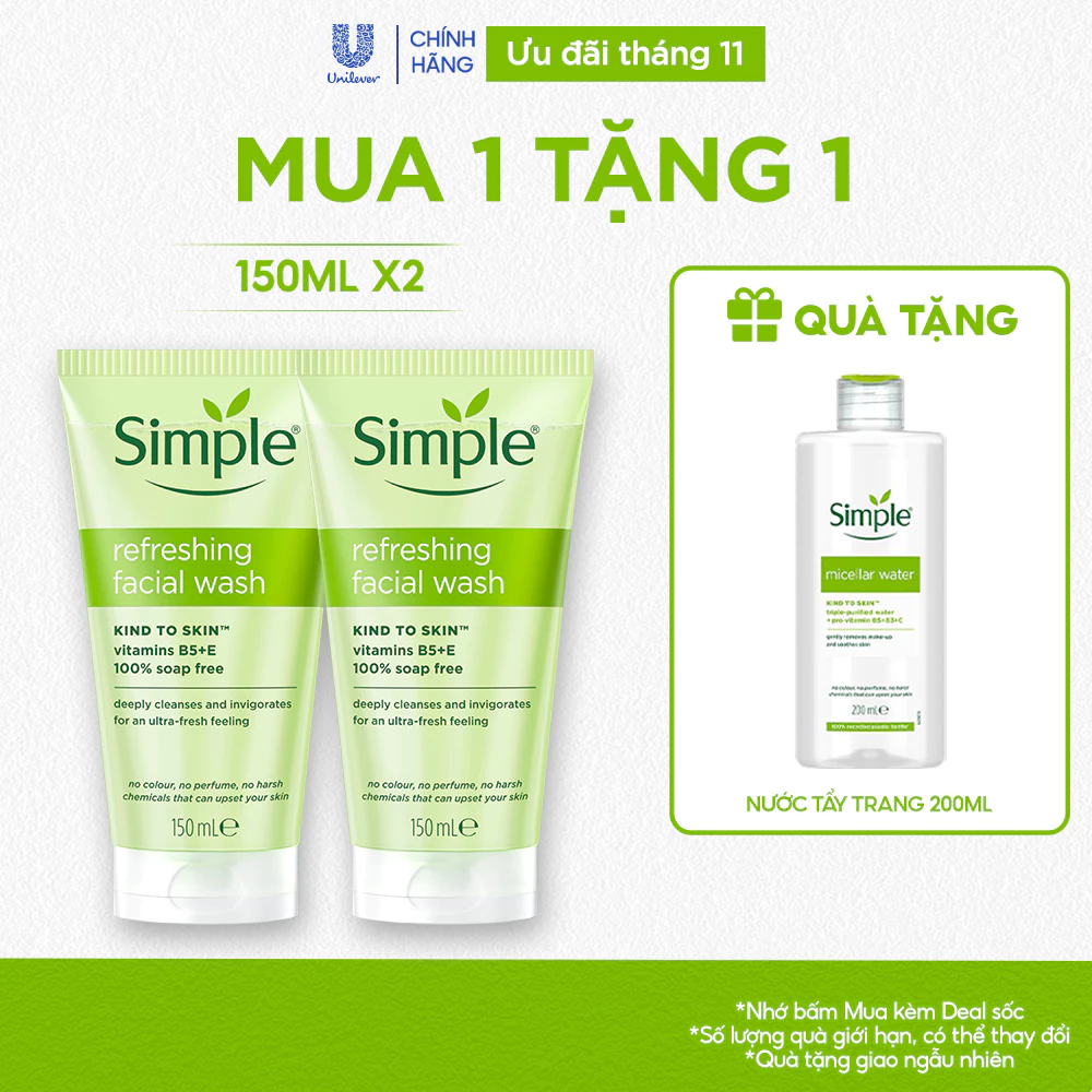 Combo 2 Sữa Rửa Mặt Simple lành tính và hiệu quả cho mọi loại da 150ml