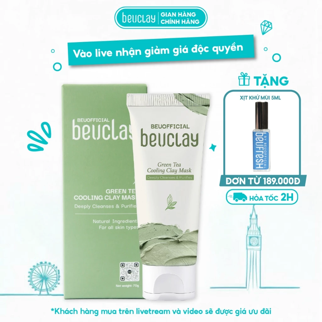 Mặt nạ đất sét BEUCLAY trà xanh sáng da, se khít lỗ chân lông, kiểm soát dầu, hỗ trợ giảm mụn cám mụn đầu đen