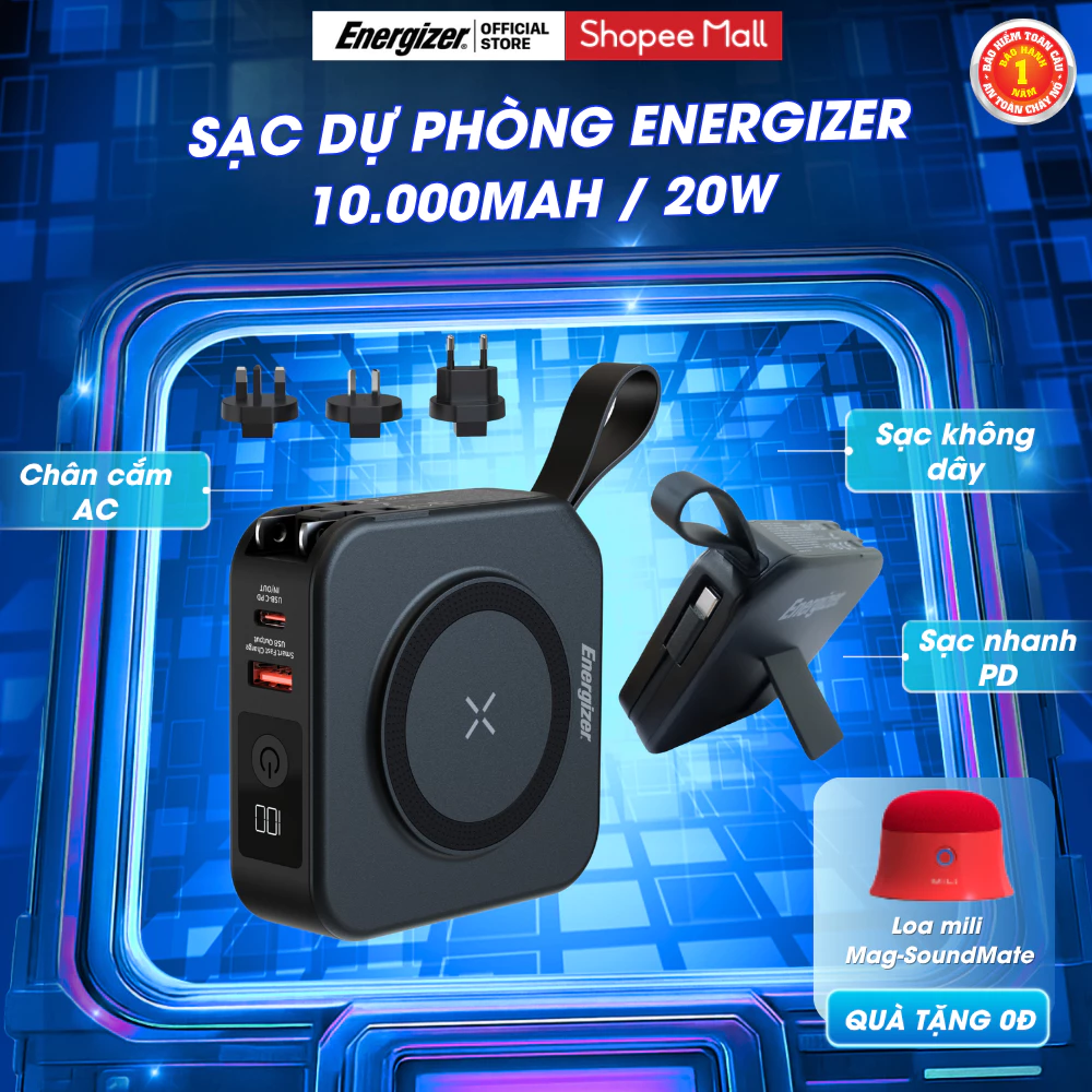 Sạc dự phòng không dây từ tính Energizer 10000mAh - tích hợp chân cắm AC và USB-C, có chân chống, công suất tới 20W