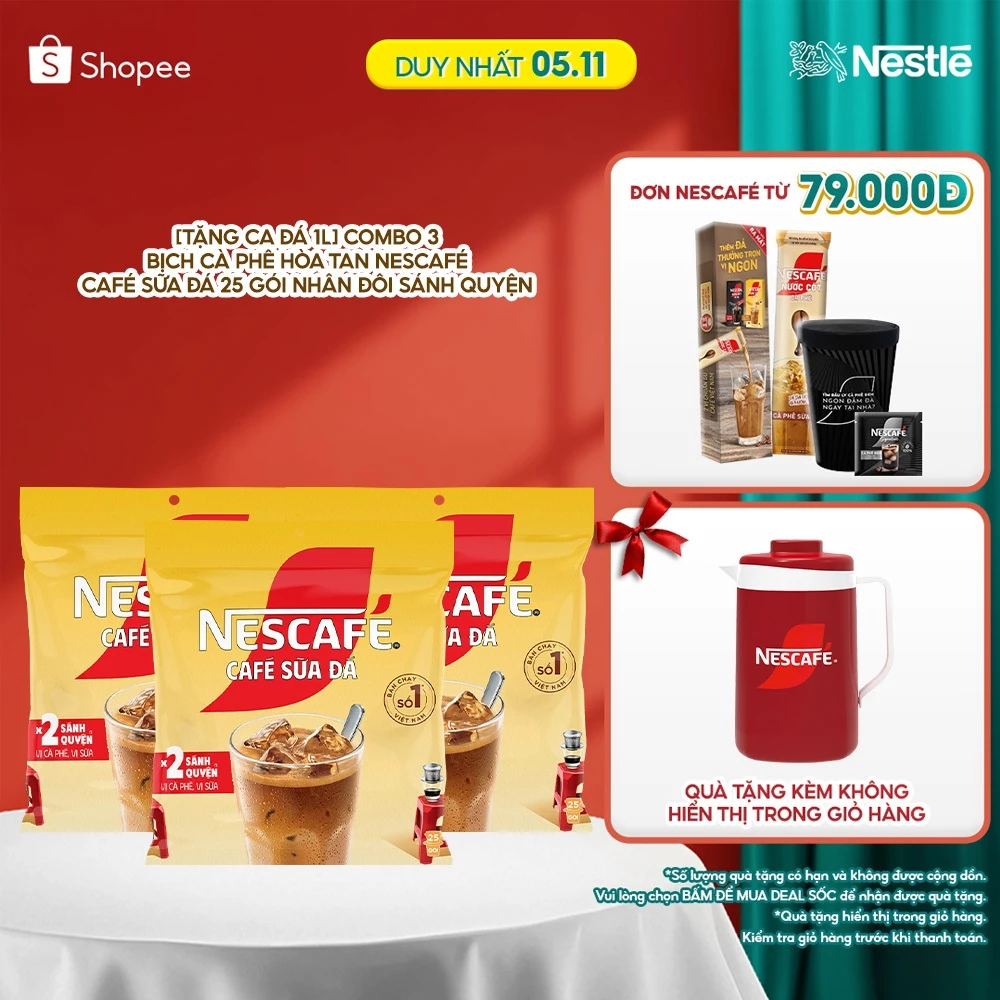 [Tặng Ca đá] Combo 3 Bịch Cà phê Hòa tan NESCAFÉ CAFÉ SỮA ĐÁ 25 gói Nhân đôi sánh quyện