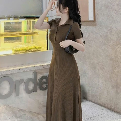 Váy nữ body thu đông, đầm nữ dáng dài tay ngắn mix cổ sơ mi với khuy ngực cực thời trang Tinastoree❣️