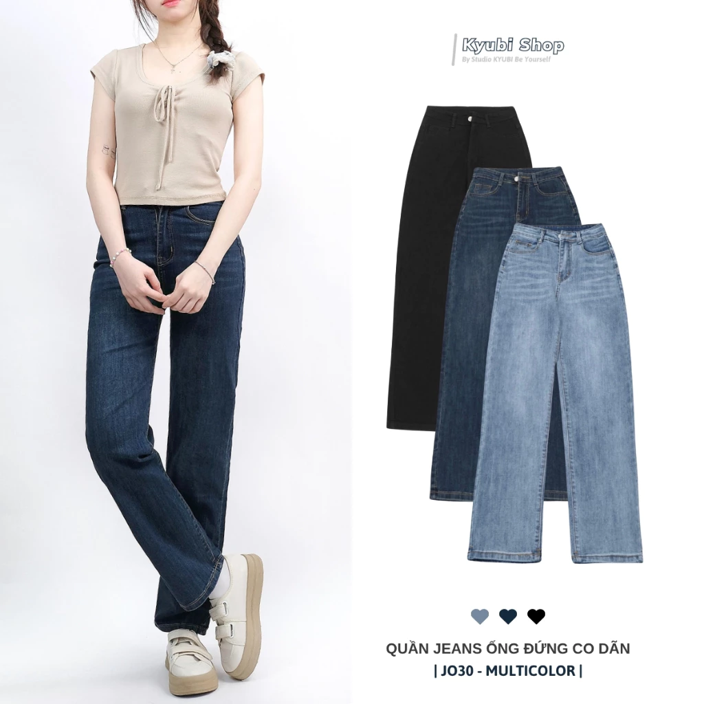 Quần jeans ống đứng co dãn Kyubi (có bigsize) - quần bò nữ co giãn lưng cao dáng suông fit Hàn Quốc JO30