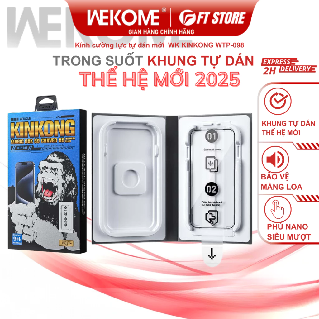 Kính cường lực có Khung Trợ Dán WK KINKONG WTP-098 WTP-099 trong suốt siêu bền, thiết kế mới - Chính hãng