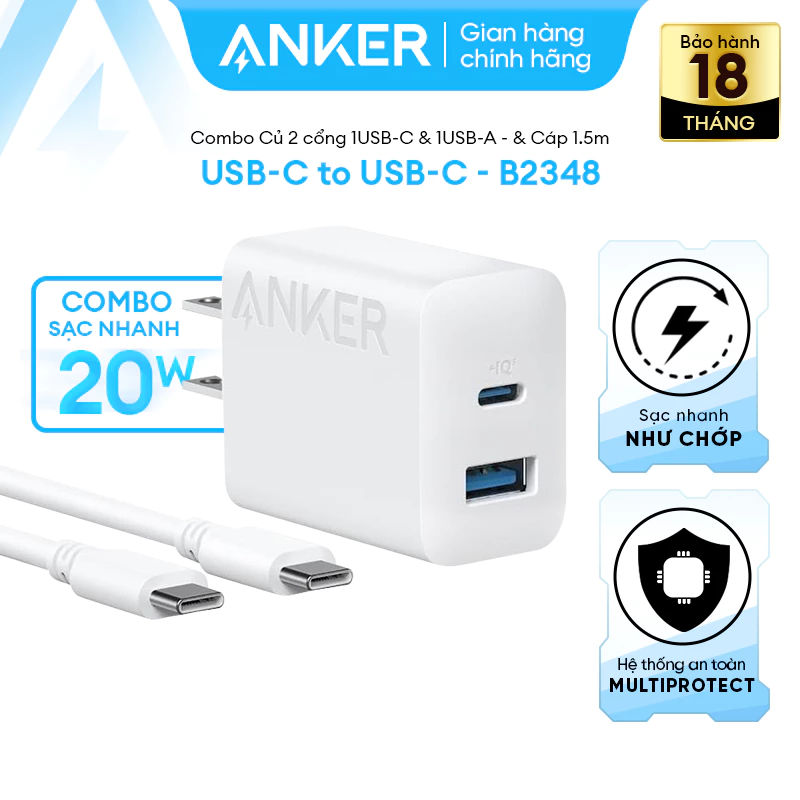 [LIVE] Combo Củ sạc nhanh Anker 20W 2 cổng 1USB-C & 1USB-A Kèm Cáp USB-C to USB-C dùng cho iPhone iPad Airpods - B2348